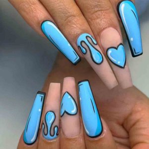 Foccna Comic Blue Press on Nails Extra Long, Acrylic Fake Nails Coffin Cartoon LOVE False Nails,Artificial Nails for Women and Girls